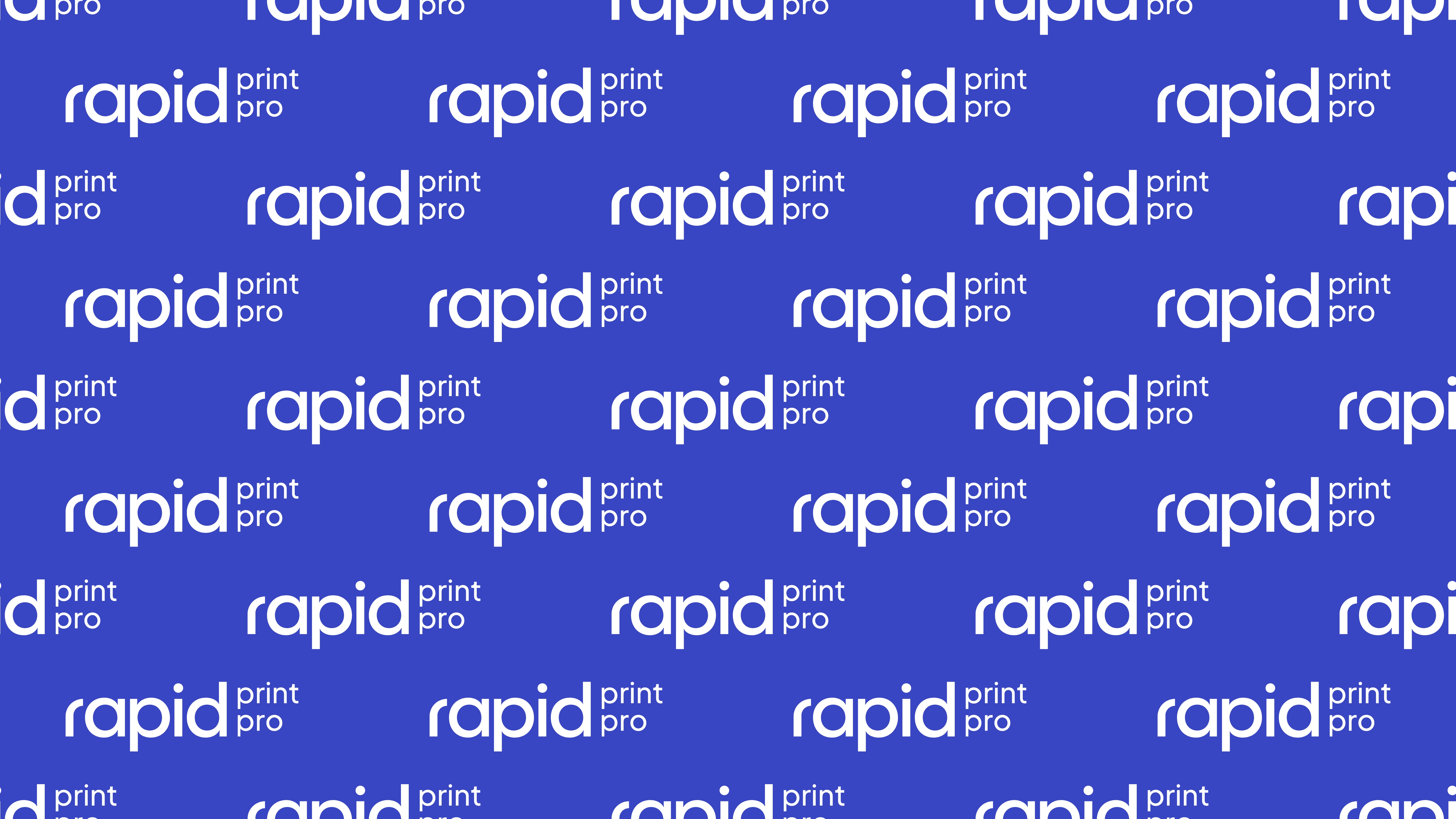 a repeated logo across a blue background, rapid print pro logo
