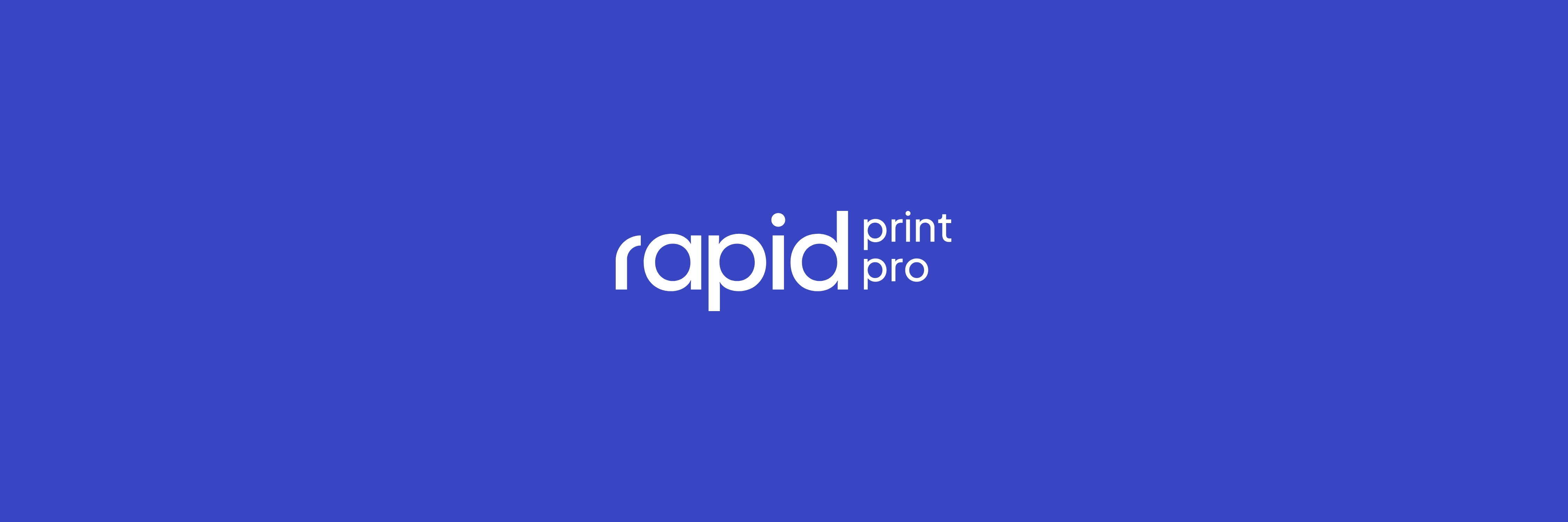 rapid print pro logo in white on a blue background, just the word mark. 